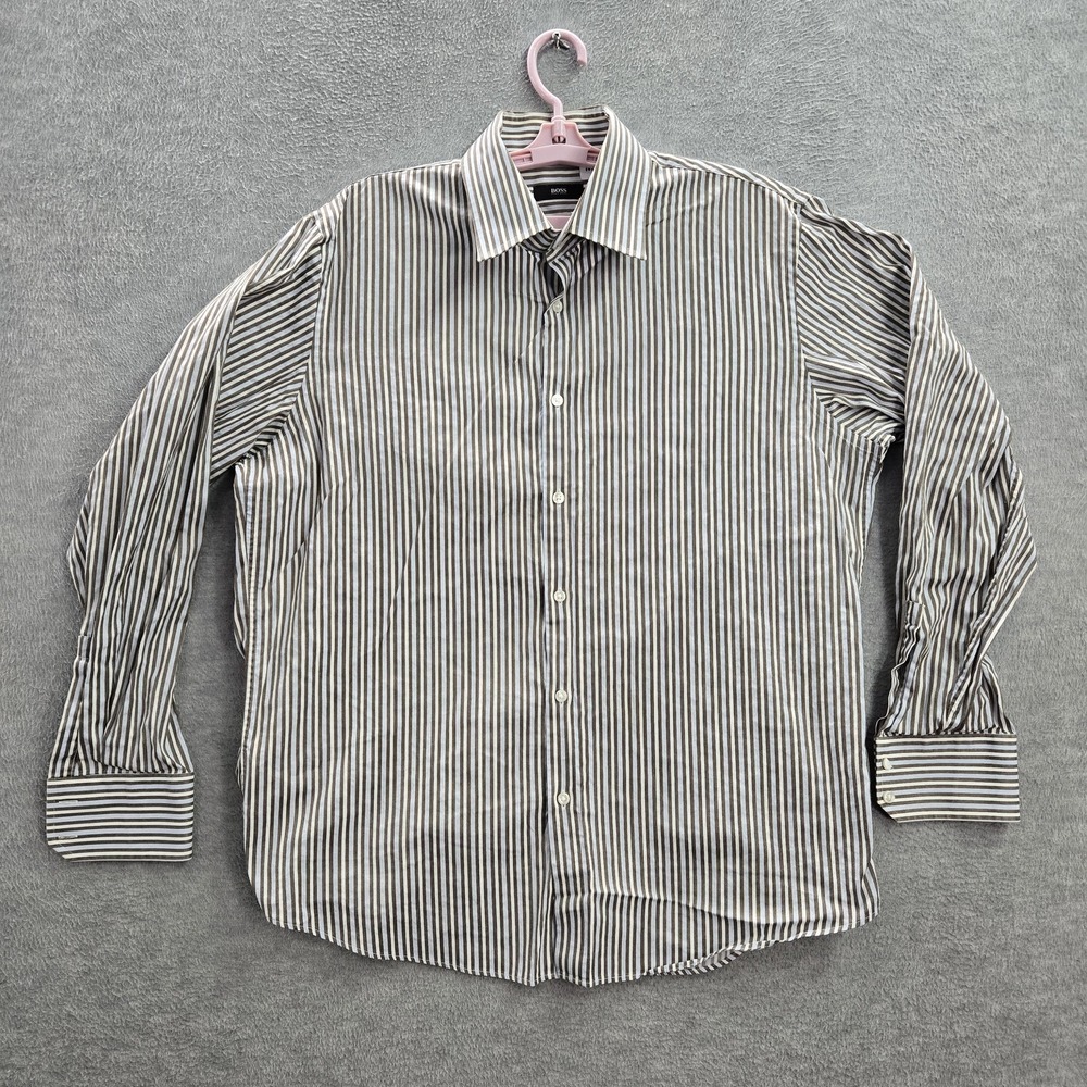 BOSS HUGO Men Button Up Shirt 17 Brown Striped Long Sleeve